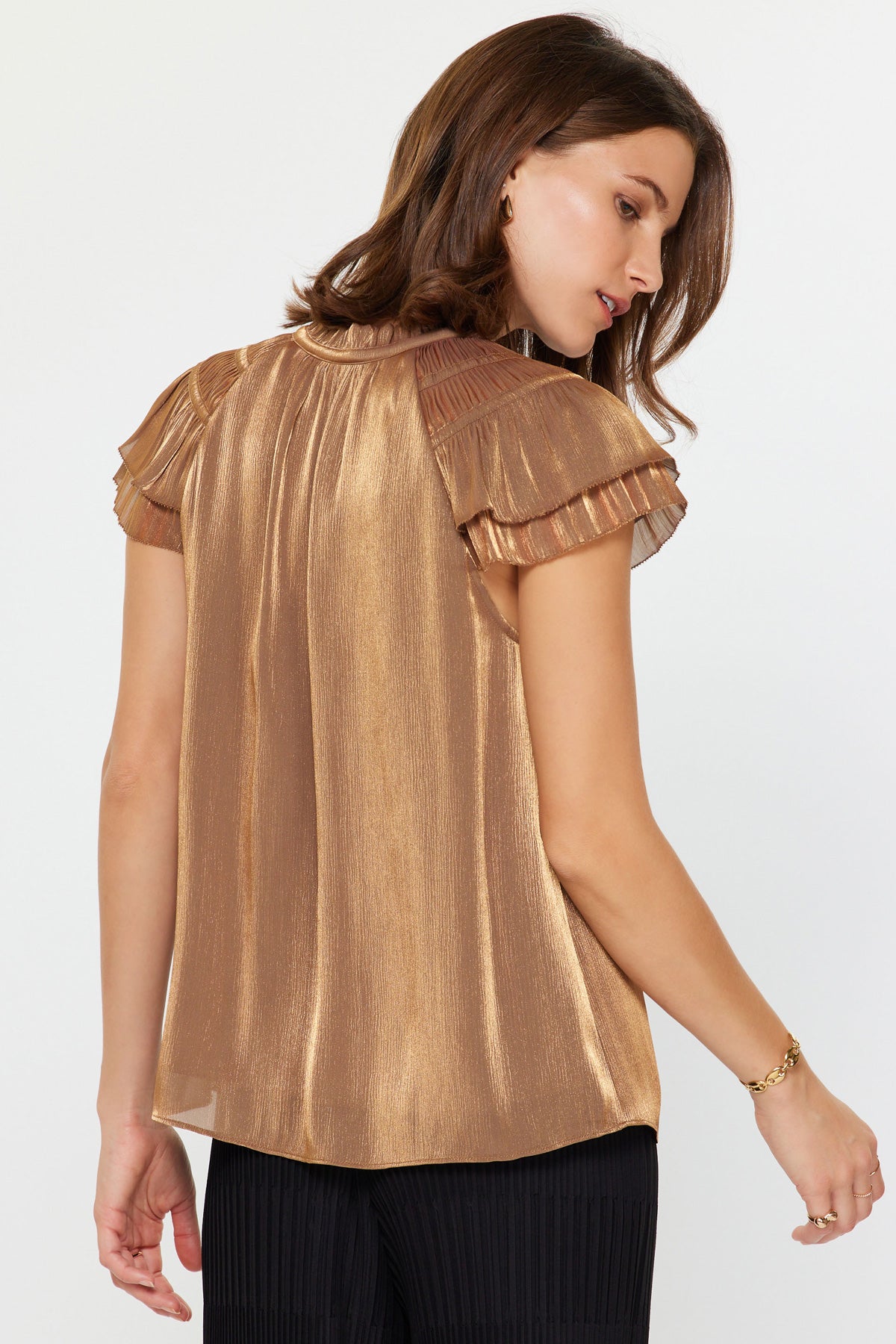Gold Flutter Sleeve Tie Front Top