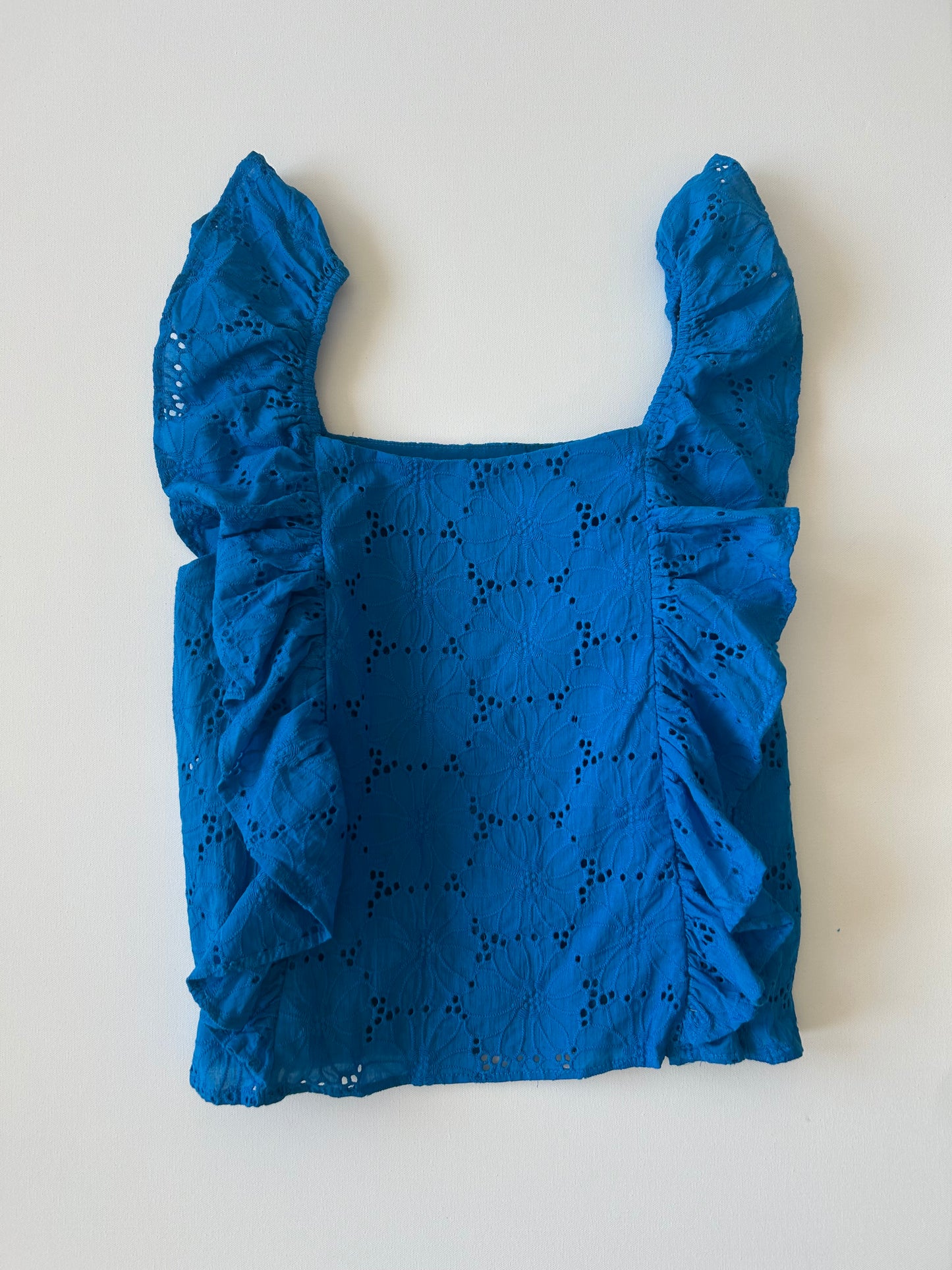 Blue Ruffle Sleeve Eyelet Top