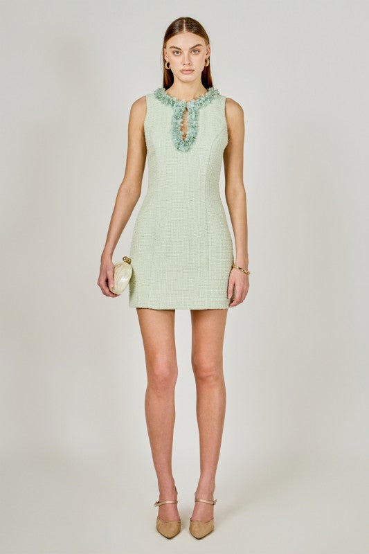 Pistachio Tweed Floral Trim Dress