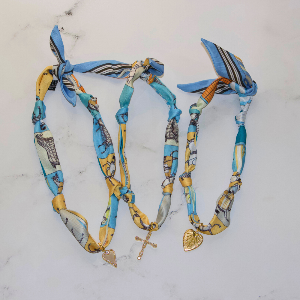Scarf Necklace ~ Blue Horse Pattern: Cross