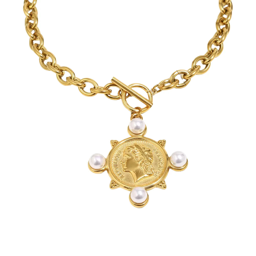 Coin & Pearl Medallion Necklace