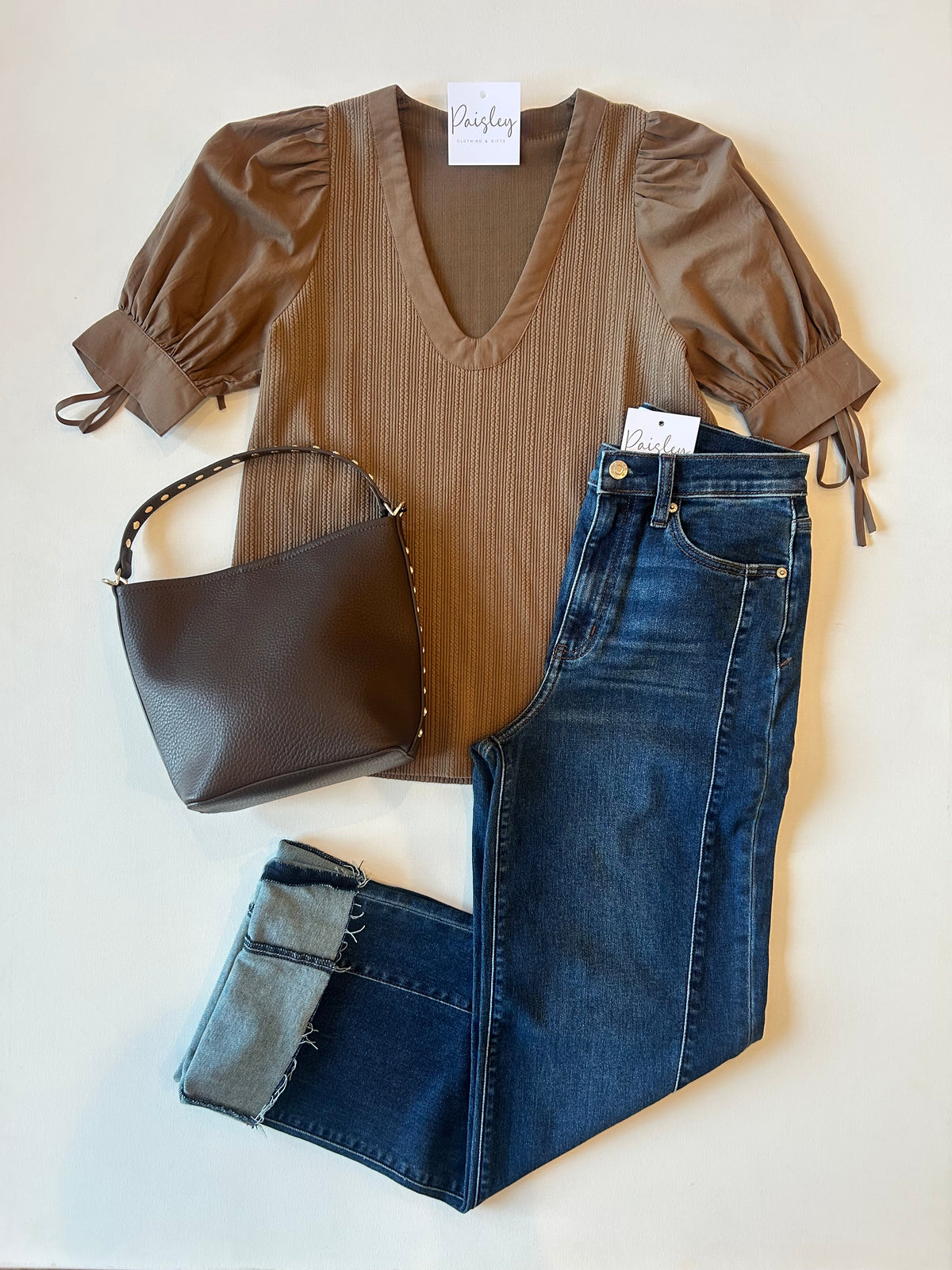 Taupe Contrast U Neck Knit Top