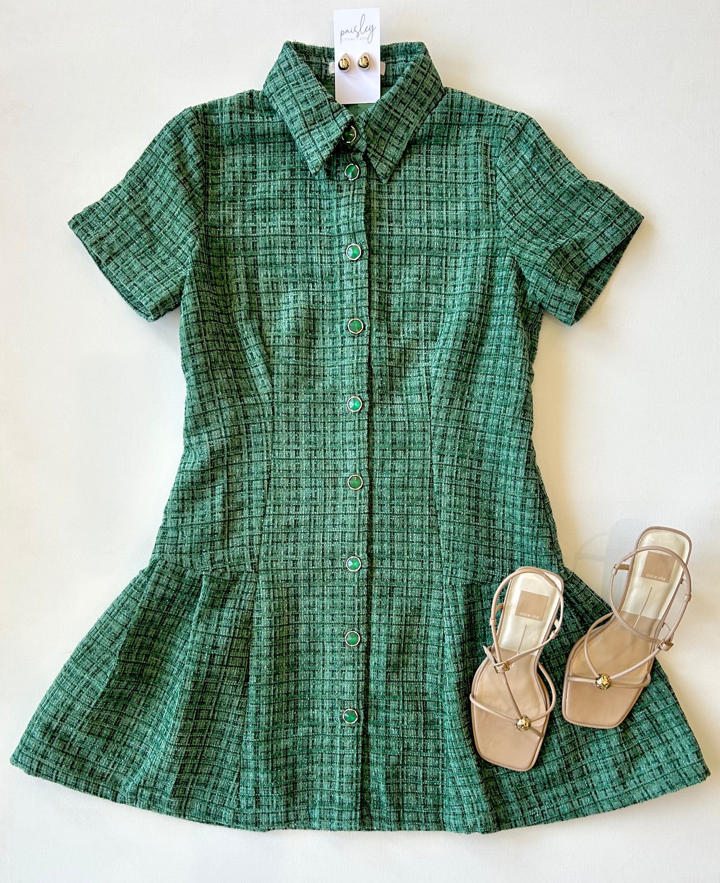 Green Tweed Pleated Hem Dress