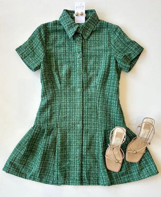 Green Tweed Pleated Hem Dress