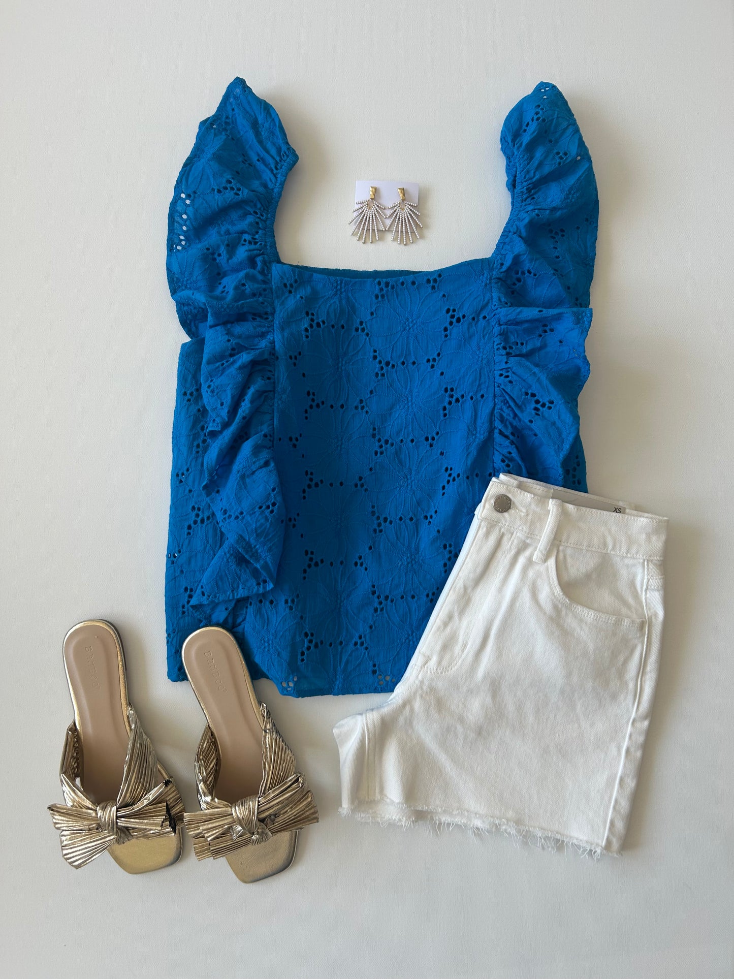 Blue Ruffle Sleeve Eyelet Top