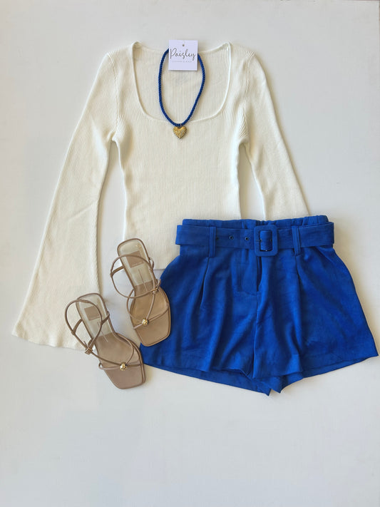 Cobalt Suede Belted Pleated Shorts