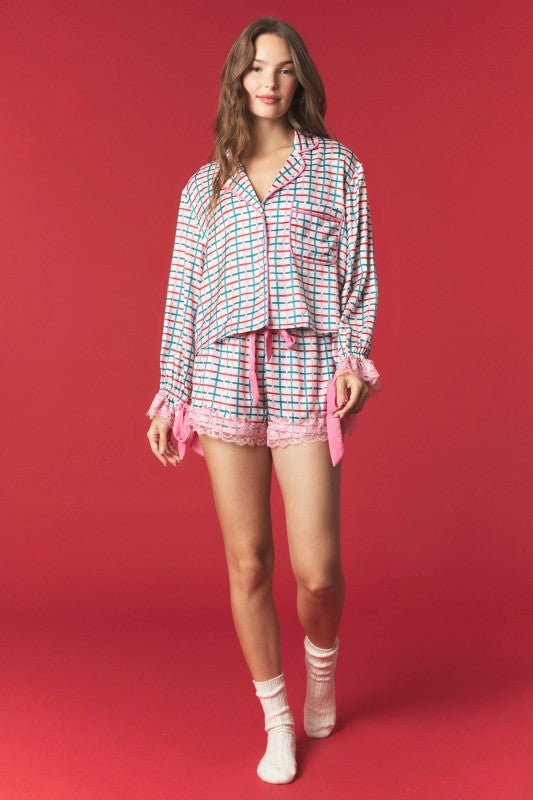 Grid Check Satin & Lace PJ Set