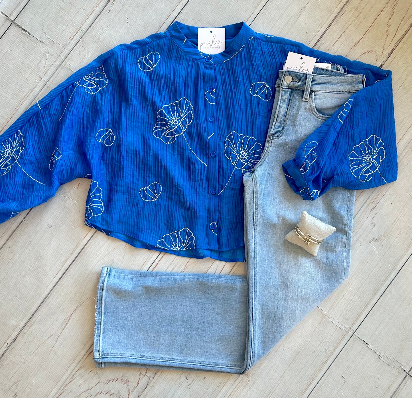 Embroidered Batwing Button Down Blouse