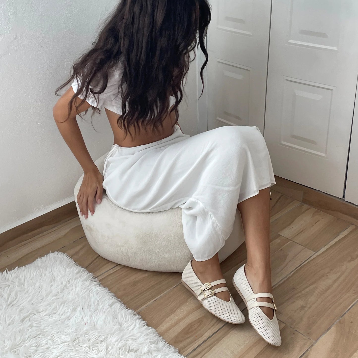 Baylee Perforated Suede Flat in Bone