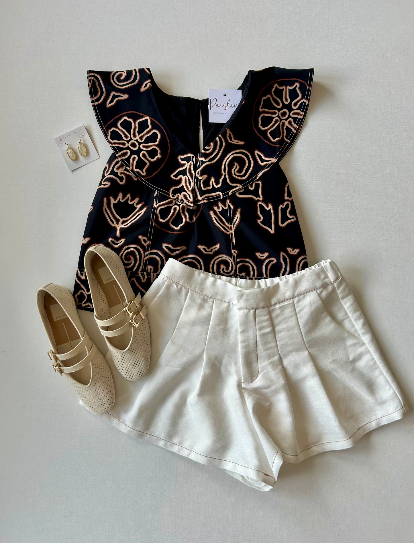 Printed Topstitched Ruffle Top