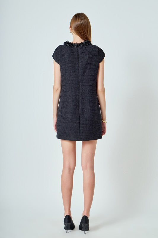 Black Tweed Shift Dress With Floral Trim