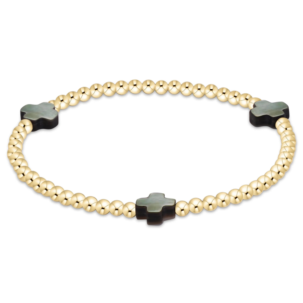signature cross 3mm gold bracelet -MOP- black tahitian -e.newton