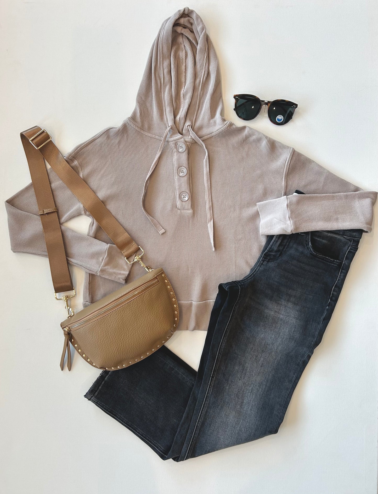 Split Neck Button Hoodie in Fossil