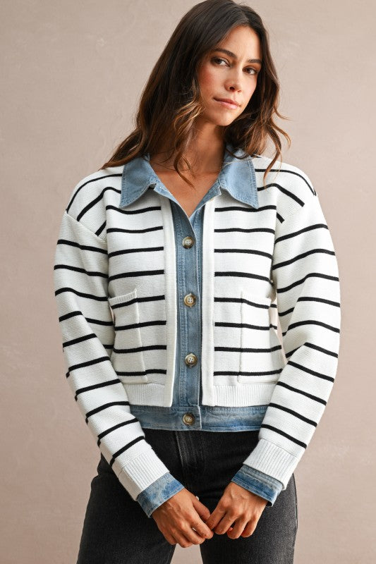 Cream Stripe Knit & Denim Cardigan
