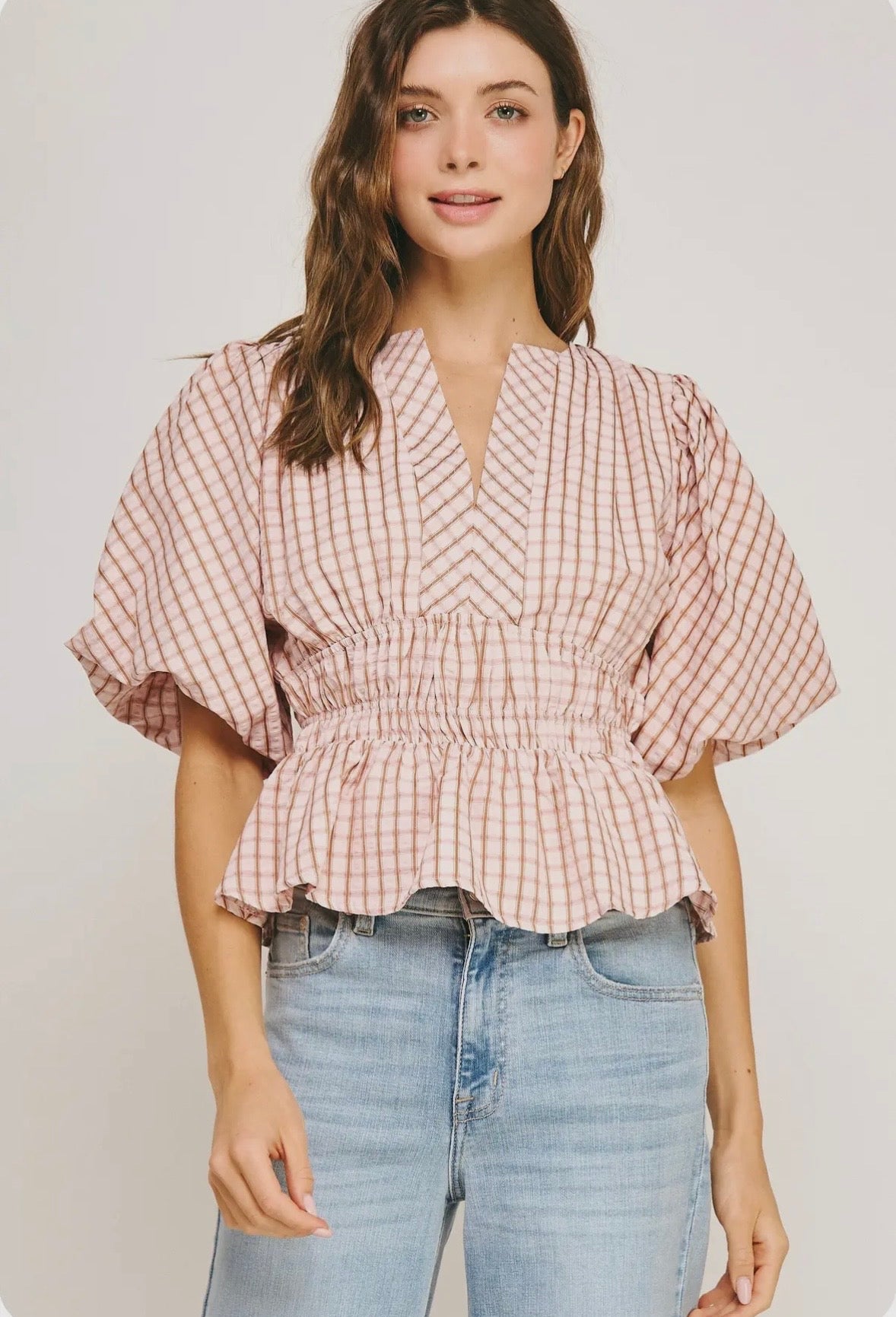 Peplum Checkered Puff Sleeve Blouse