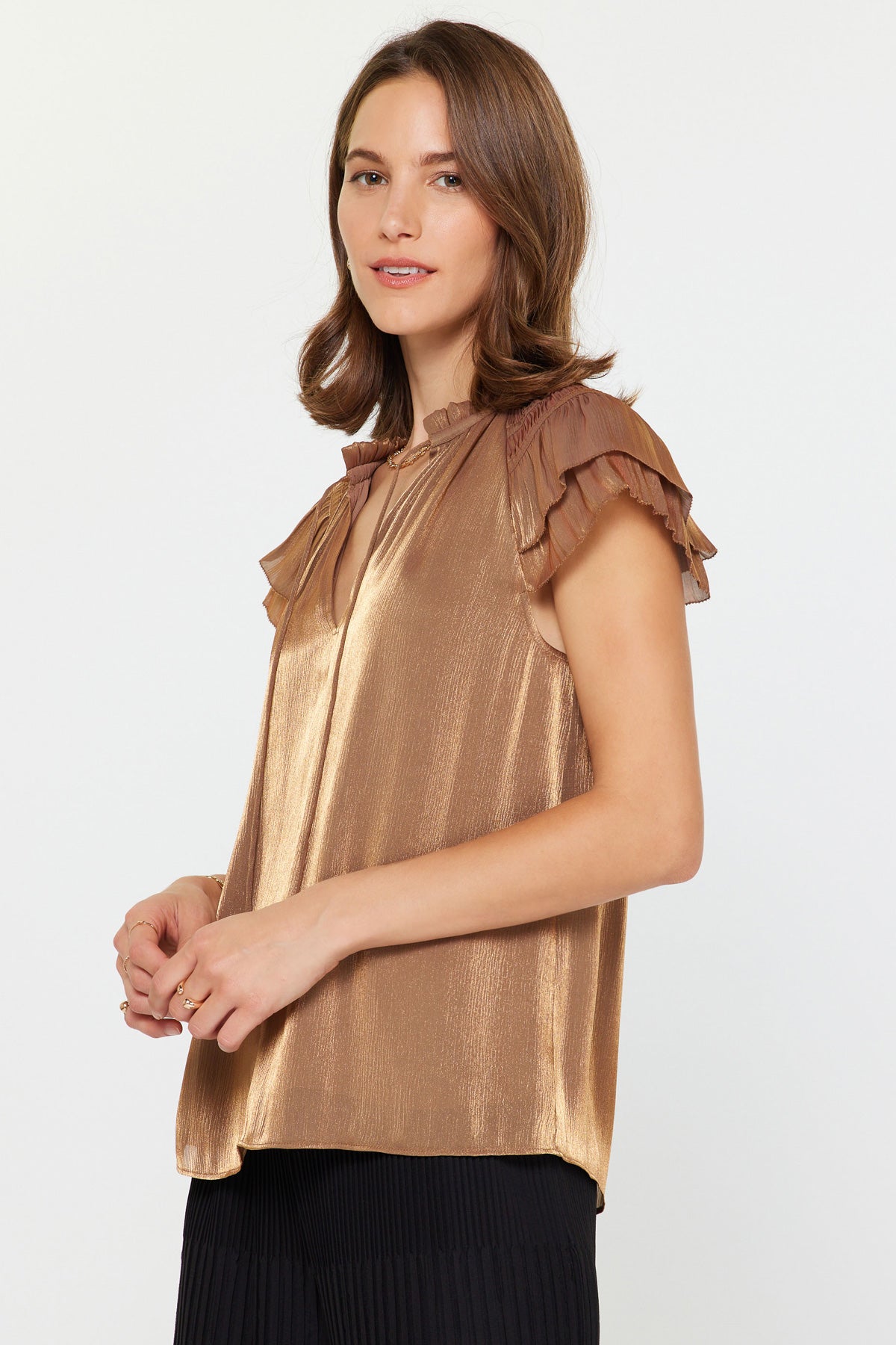 Gold Flutter Sleeve Tie Front Top