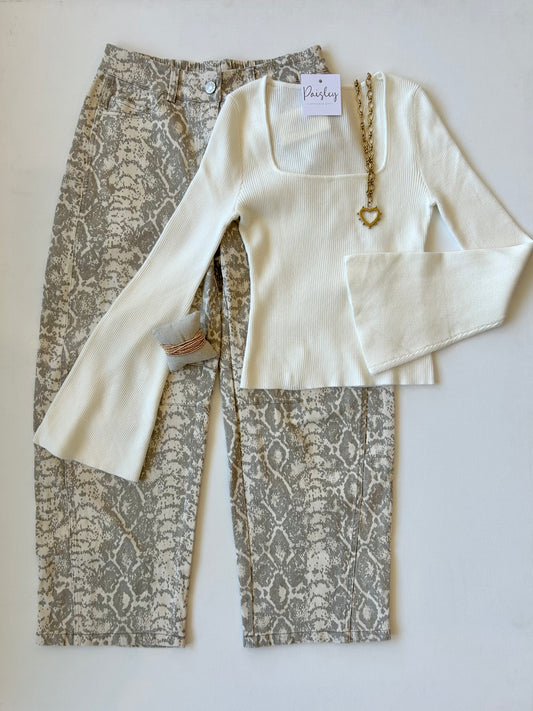 Cotton Twill Snake Print Barrel Jeans
