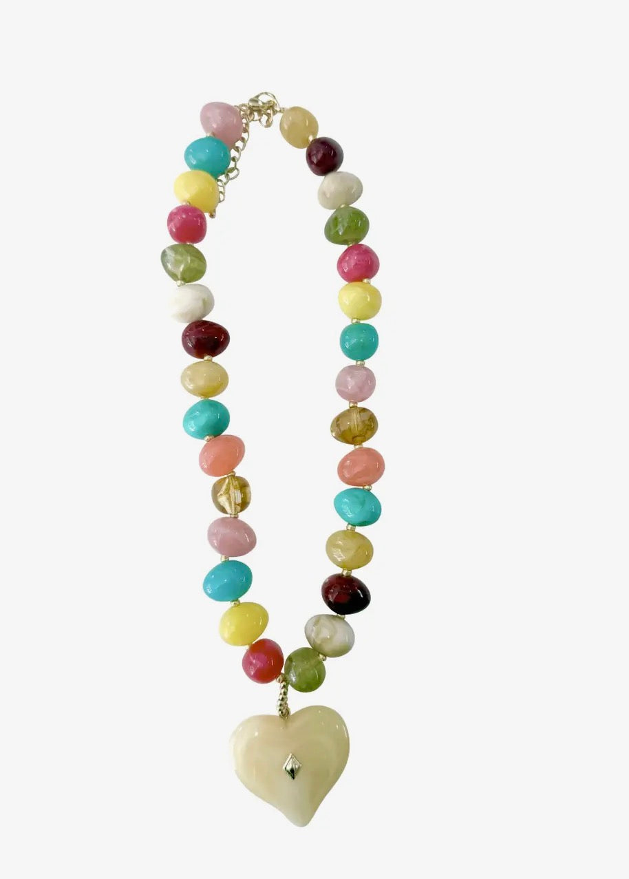 Holden Beaded Necklace With Heart Charm- Multi