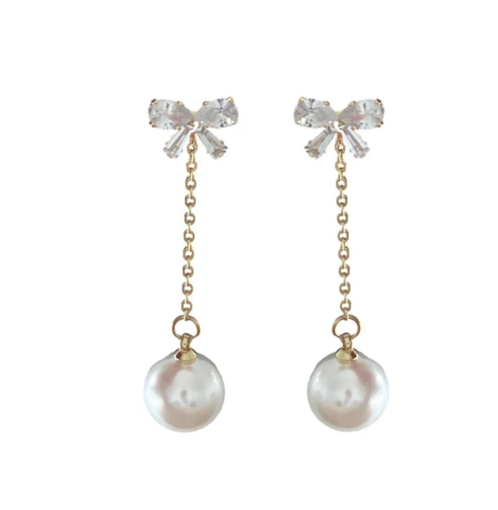 Crystal Bow and Pearl Drop Swingy Statement Earrings