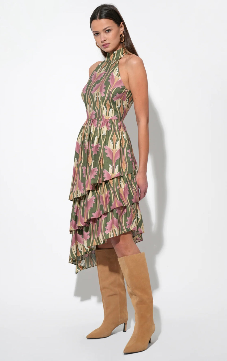 Chriselle High Neck Tiered Floral Midi Dress