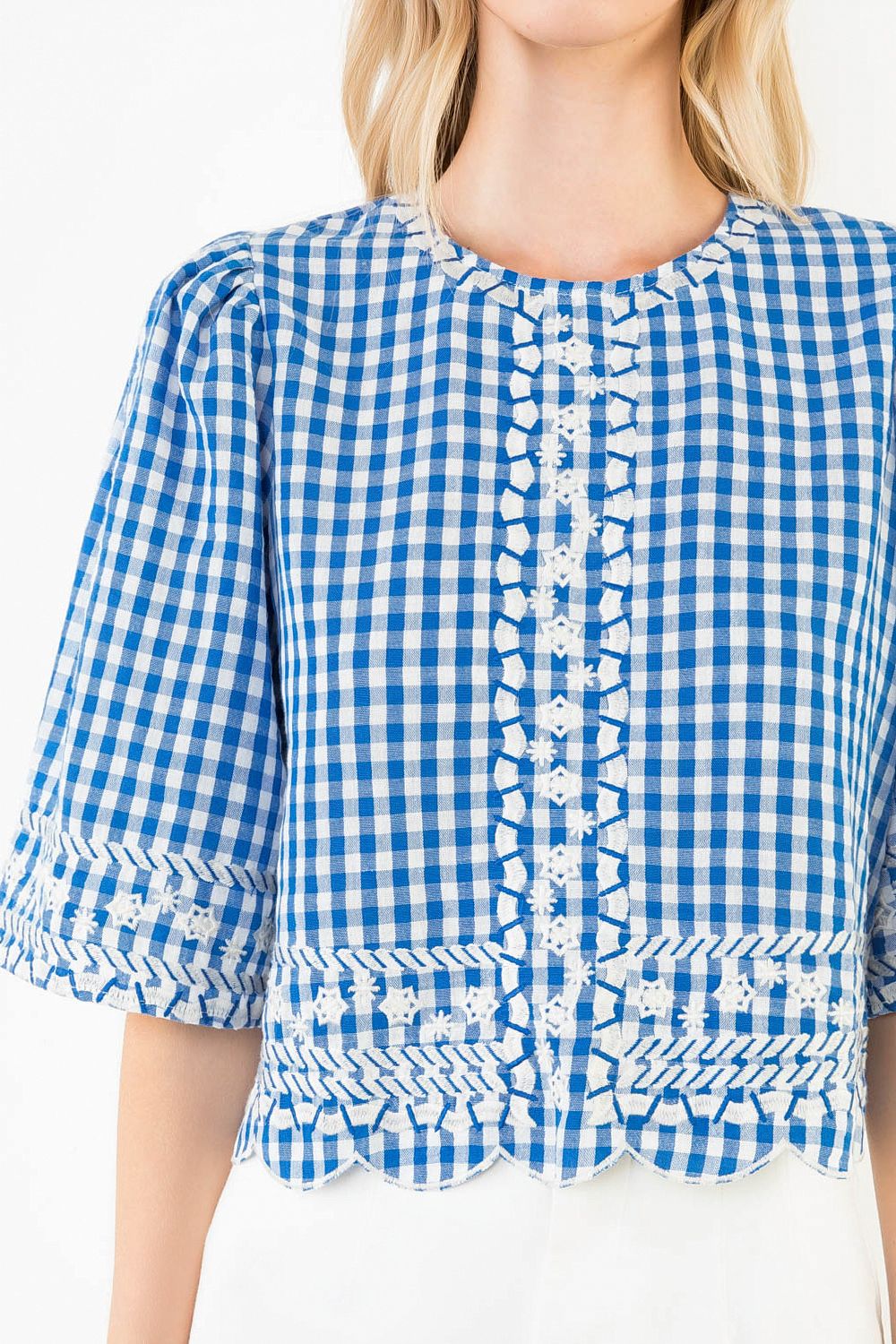 Blue Gingham Embroidered Blouse