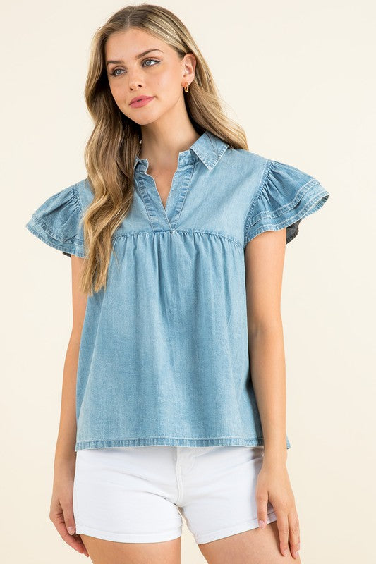 Collared Babydoll Denim Top