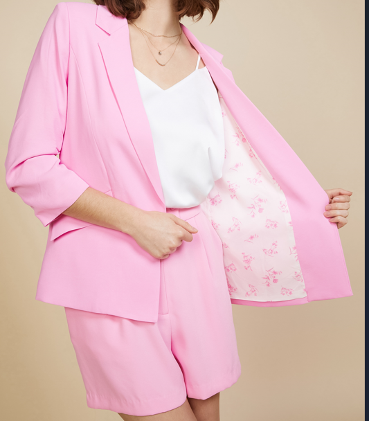 Shirred Sleeve Blazer in Barbie Pink