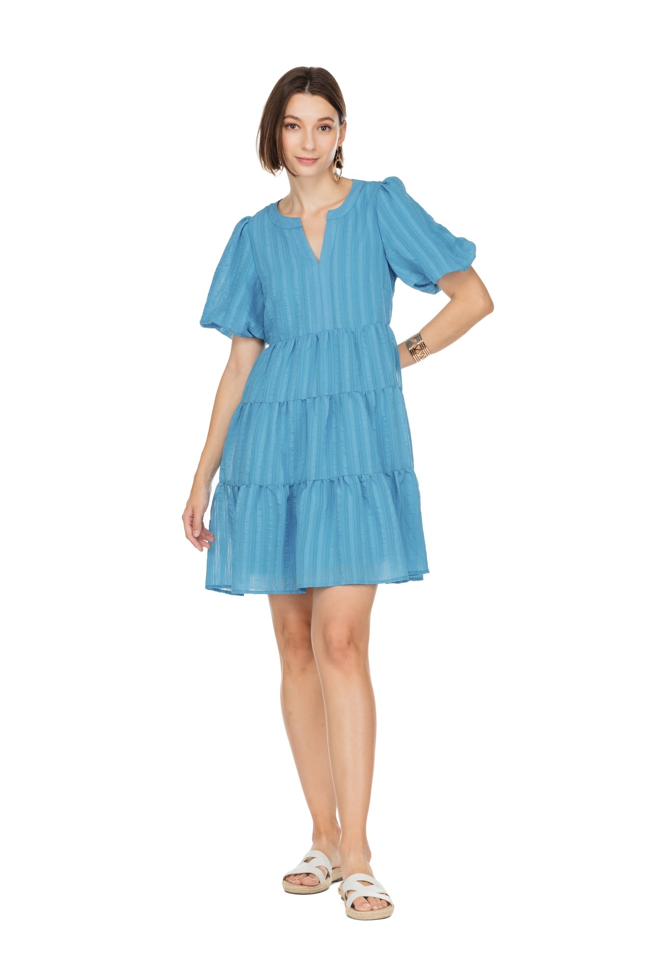 Blue Balloon Sleeve Tiered Dress