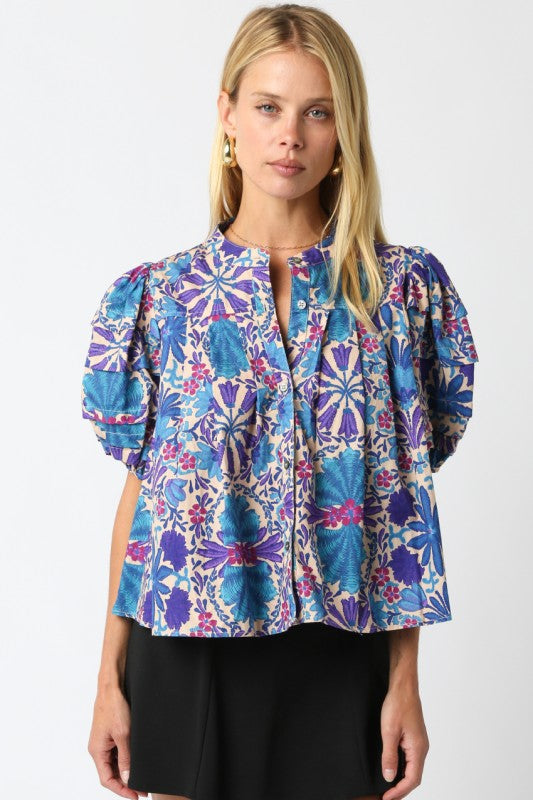 Hannah Blouse Cream Purple Print