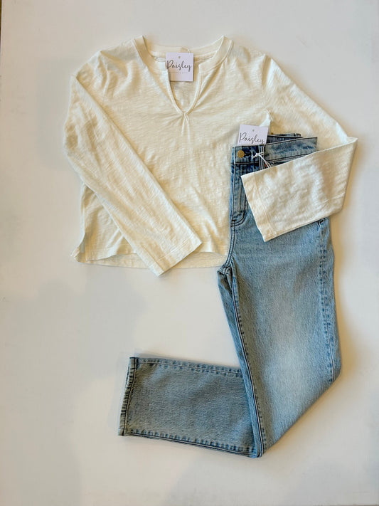 Rib Mix Split Neck Top In Pearl