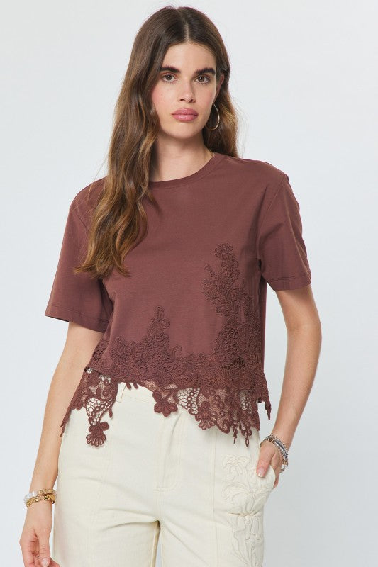 Lace Hem Tee in Brown