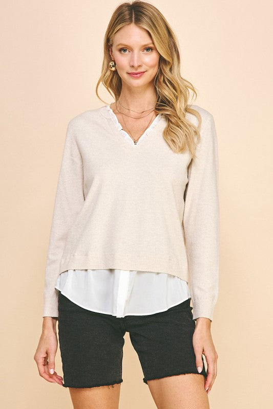 V-Neck Knit Top In Oatmeal