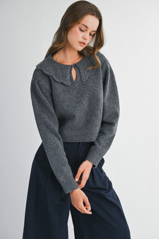 Charcoal Scalloped Collared Sweater