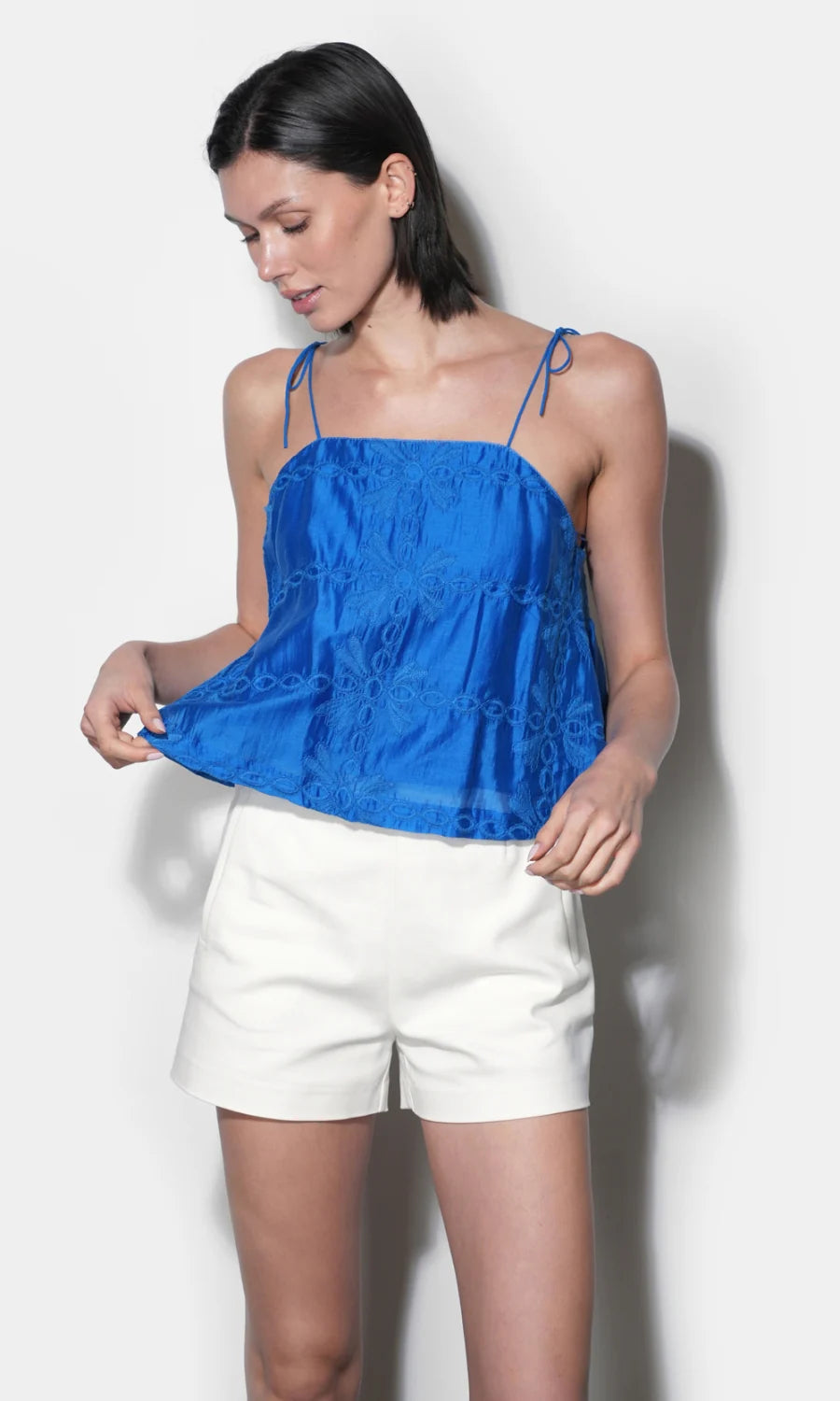 Bailey Embroidered Flounce Top With Tie Shoulder
