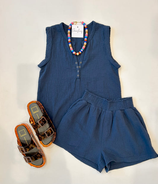 Faux Fly Smocked Short In Deep Sea