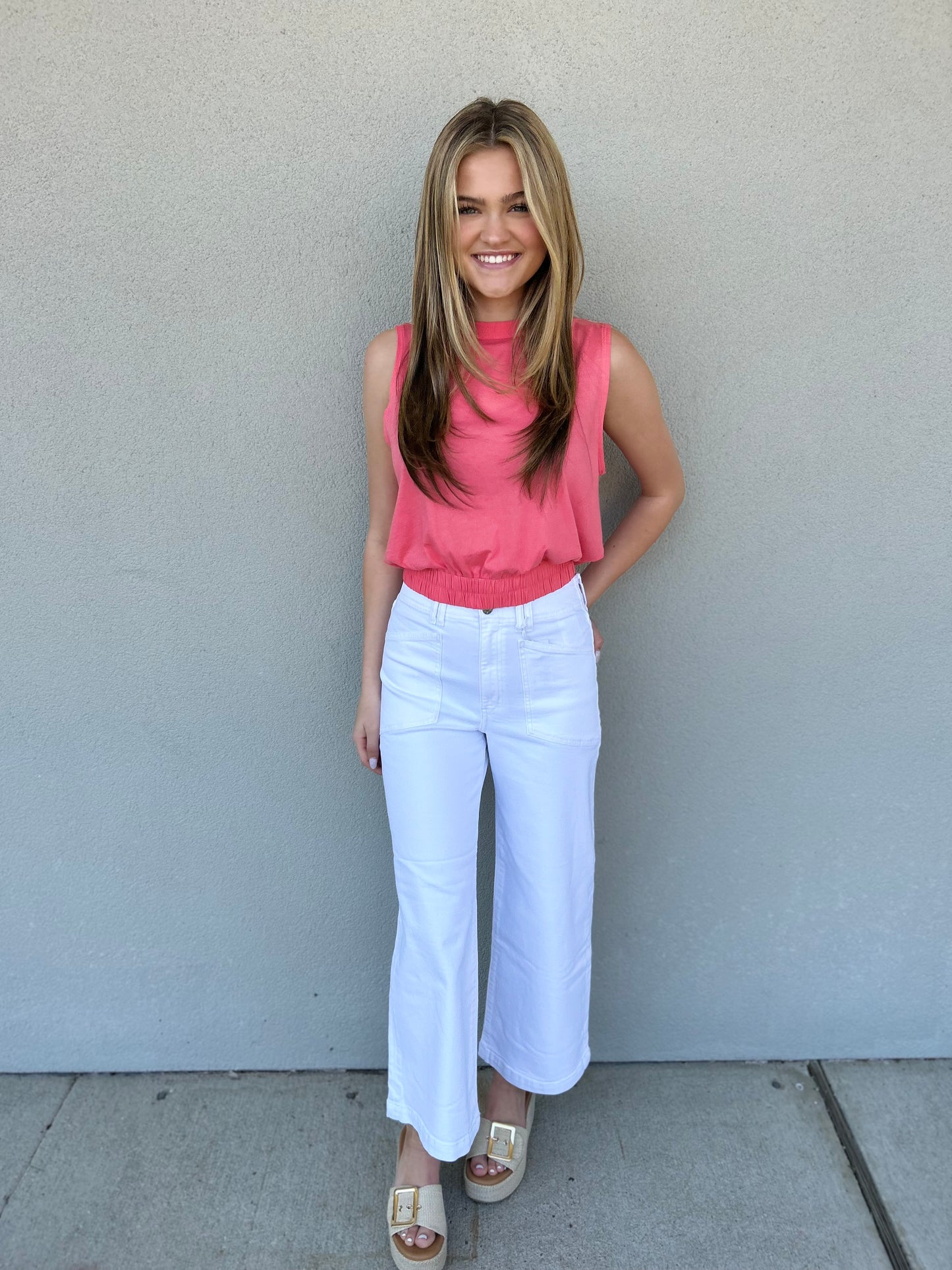 Boatneck Elastic Hem Tank In Hot Pink