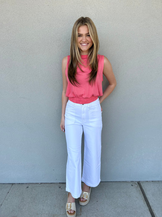 Boatneck Elastic Hem Tank In Hot Pink