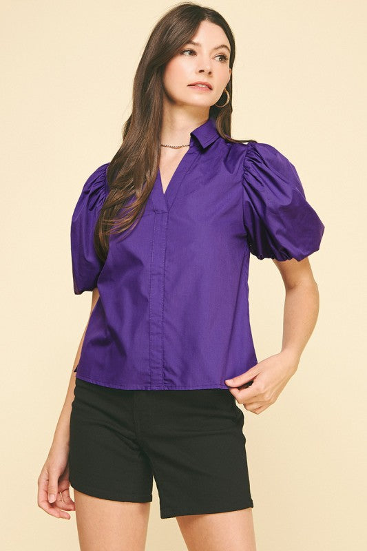 Purple Bubble Sleeve Blouse