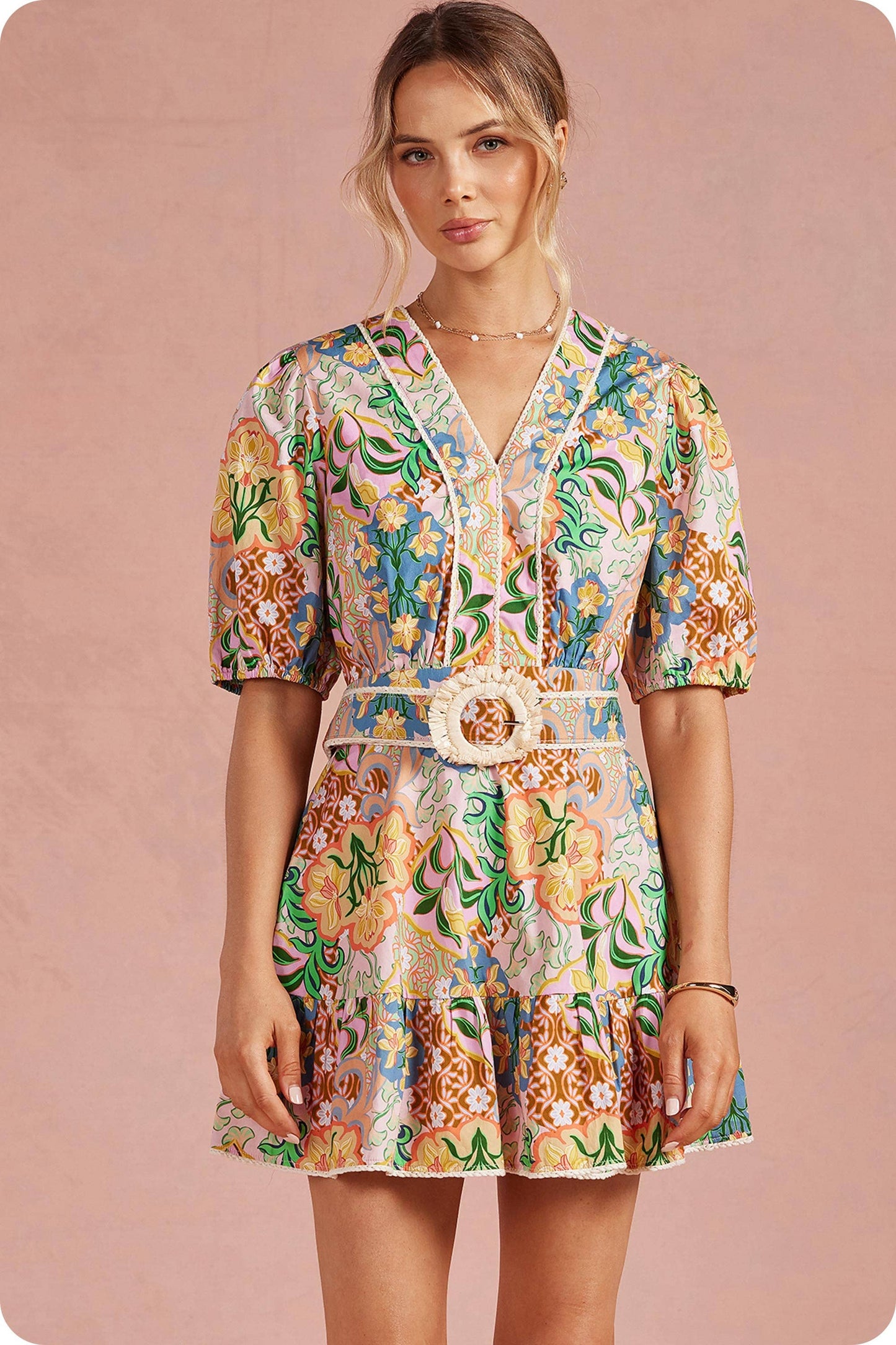 Garden Party Puff Sleeve Belted Cotton Dress