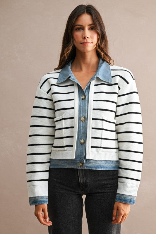 Cream Stripe Knit & Denim Cardigan