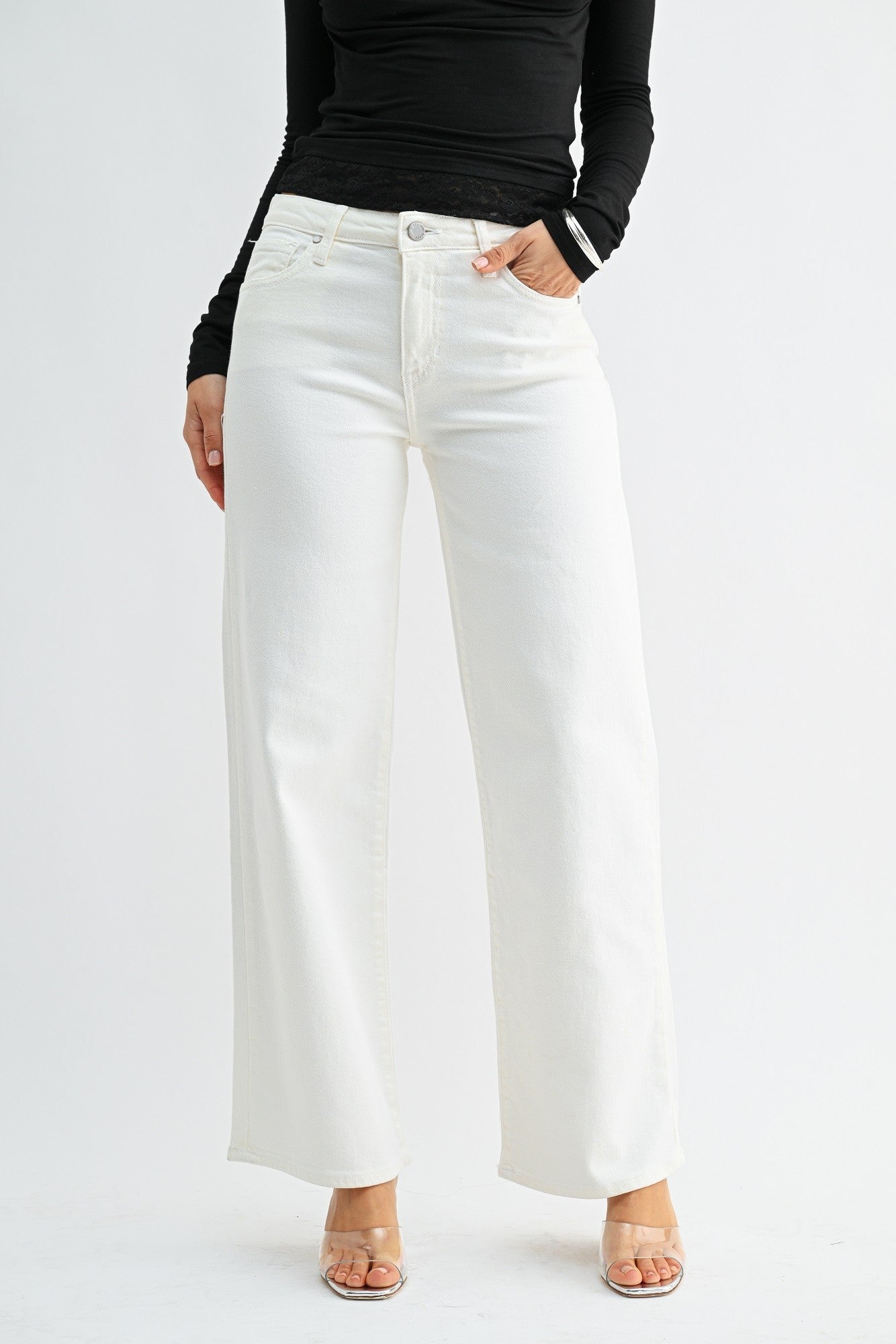 Off White Mid Rise Slim Wide Leg