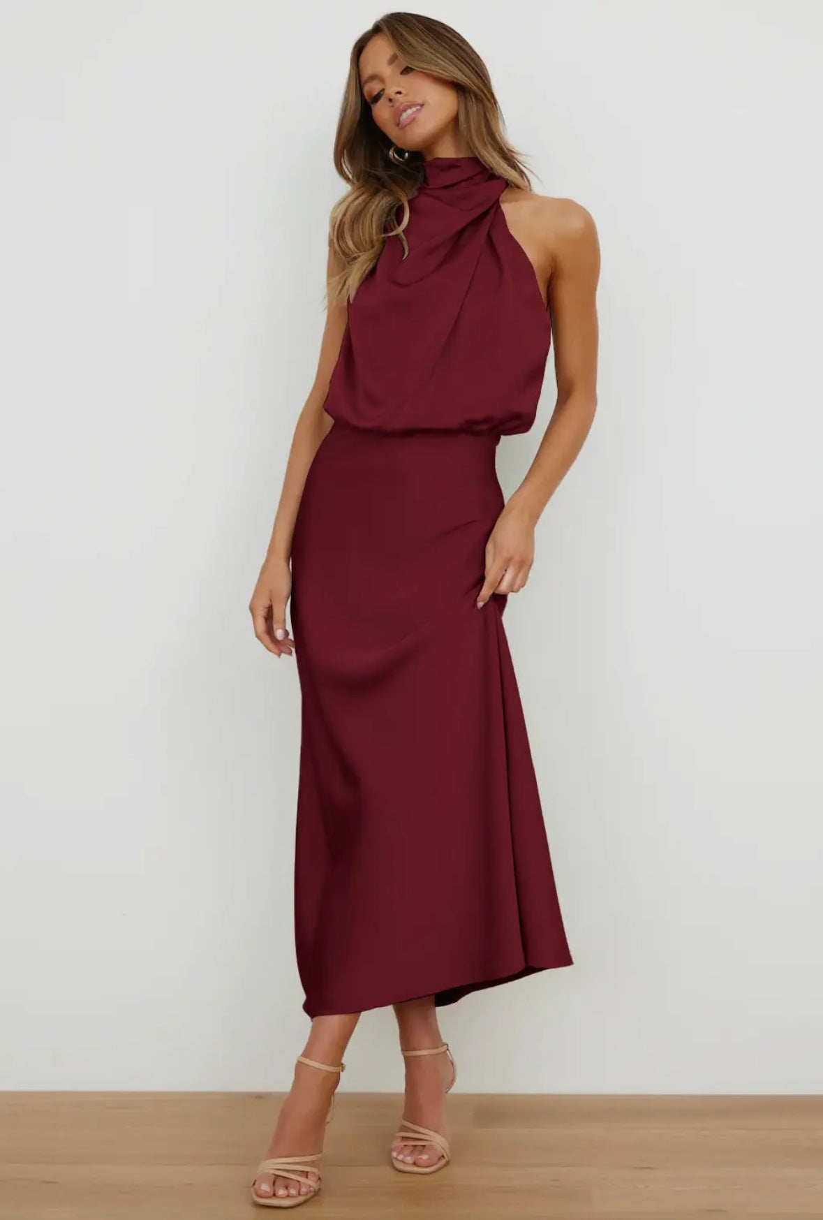 Burgundy Satin Midi Dress
