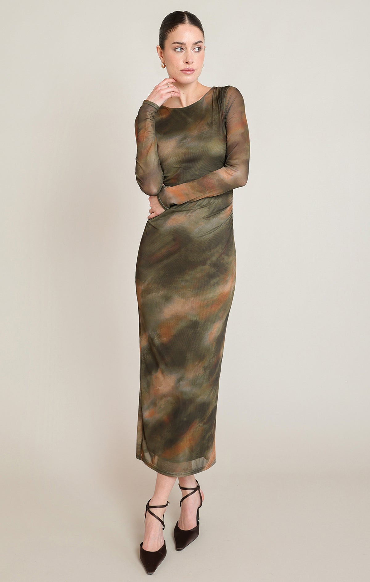 Printed Mesh Maxi Dress