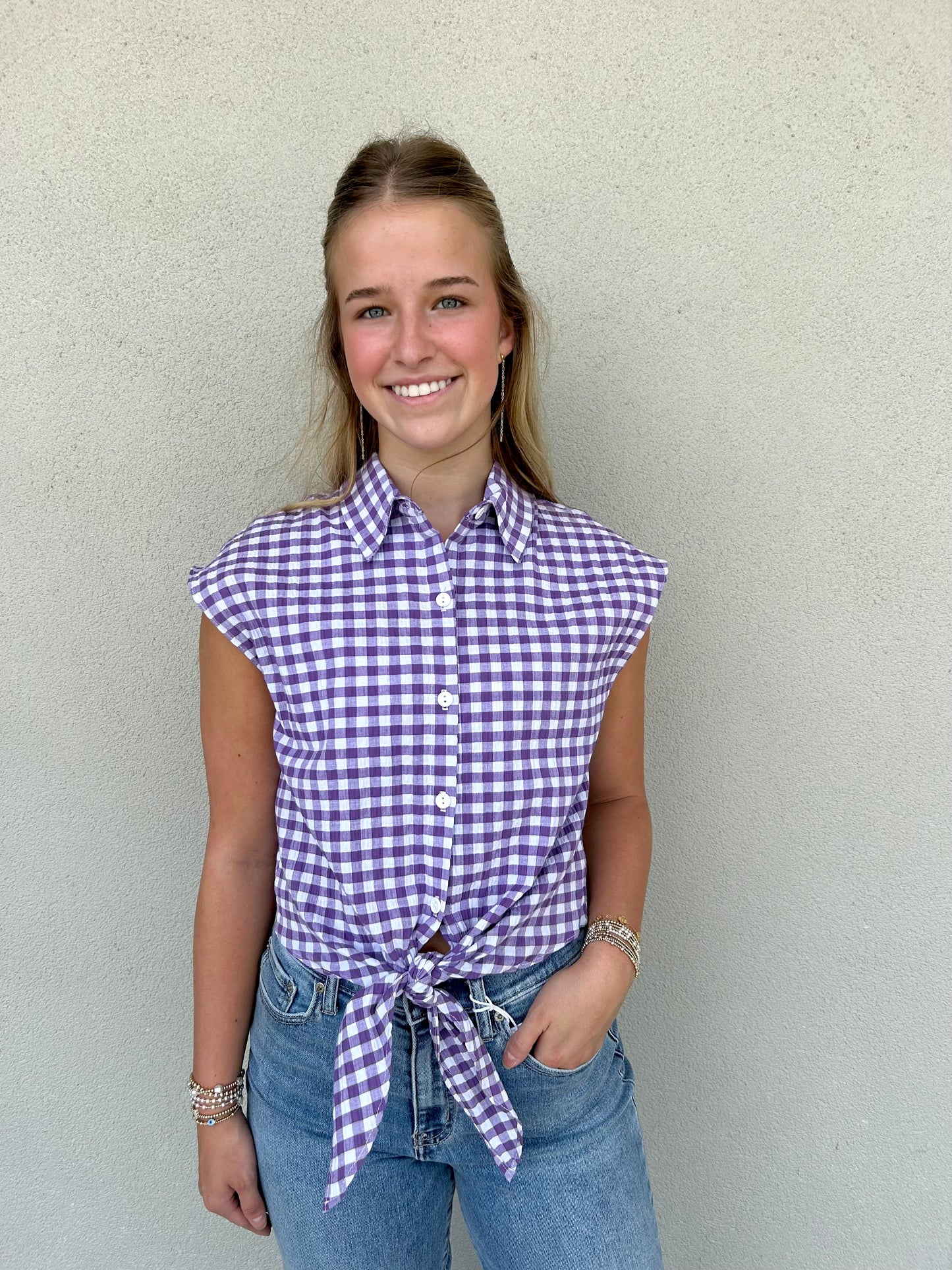 Sabine Purple Seer Gingham Top