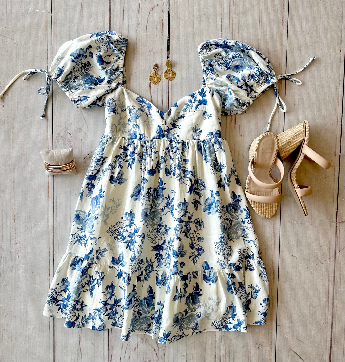 Cream & Blue Floral Babydoll Dress