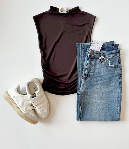 Dark Walnut Funnel Neck Top