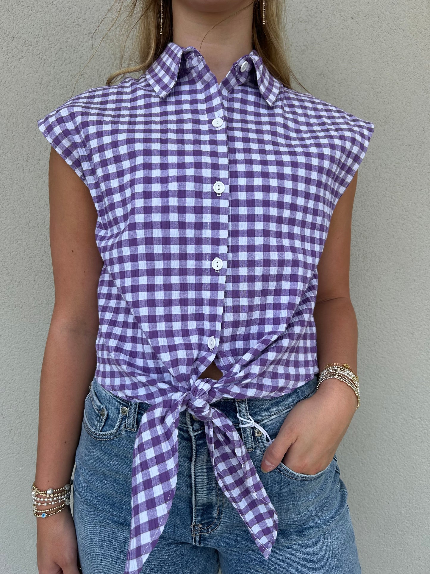 Sabine Purple Seer Gingham Top