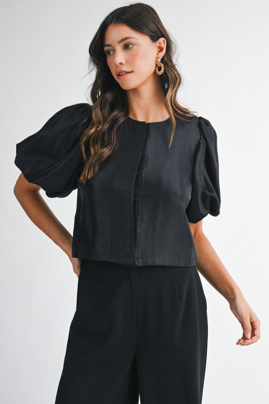 Black Satin Puff Sleeve Top