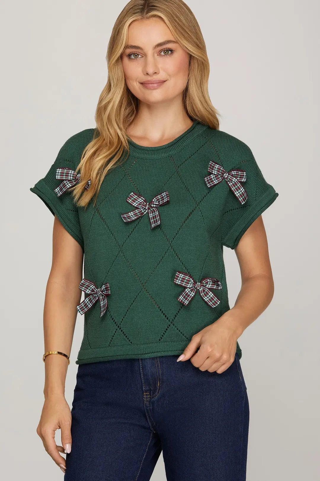 Green Checked Bow Sweater