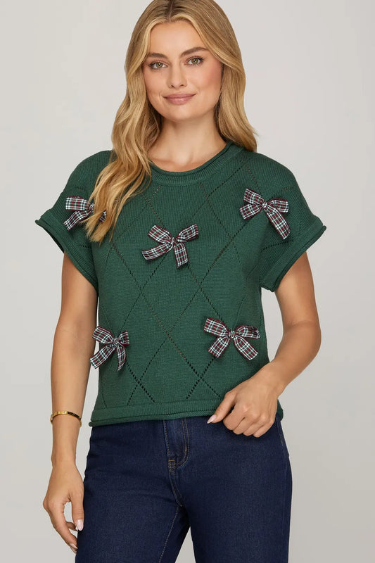 Green Checked Bow Sweater